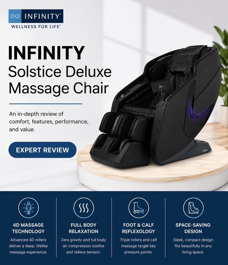 Black Infinity Solstice Deluxe Massage Chair shown on a light wood pedestal with promotional text and feature icons on a white and navy background.