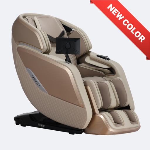 Infinity Sovana 4D DualPro massage chair in beige showing luxurious upholstery and ergonomic contours.