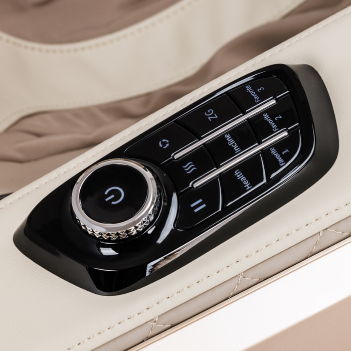 Close-up of beige Infinity Sovana 4D DualPro massage chair control panel and luxurious upholstery.