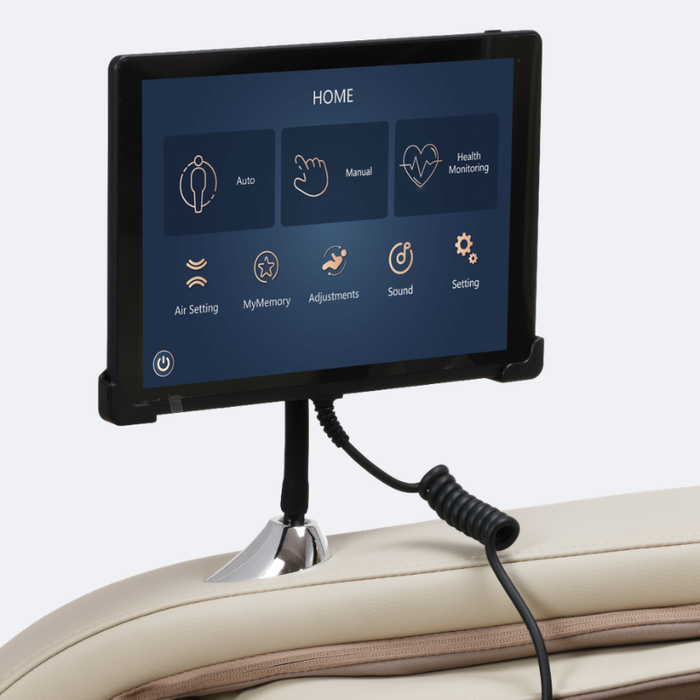 Close-up of beige Infinity Sovana 4D DualPro massage chair touchscreen tablet remote and textured upholstery.