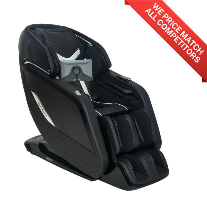 “nfinity Sovana 4D DualPro massage chair upright front view in black finish.