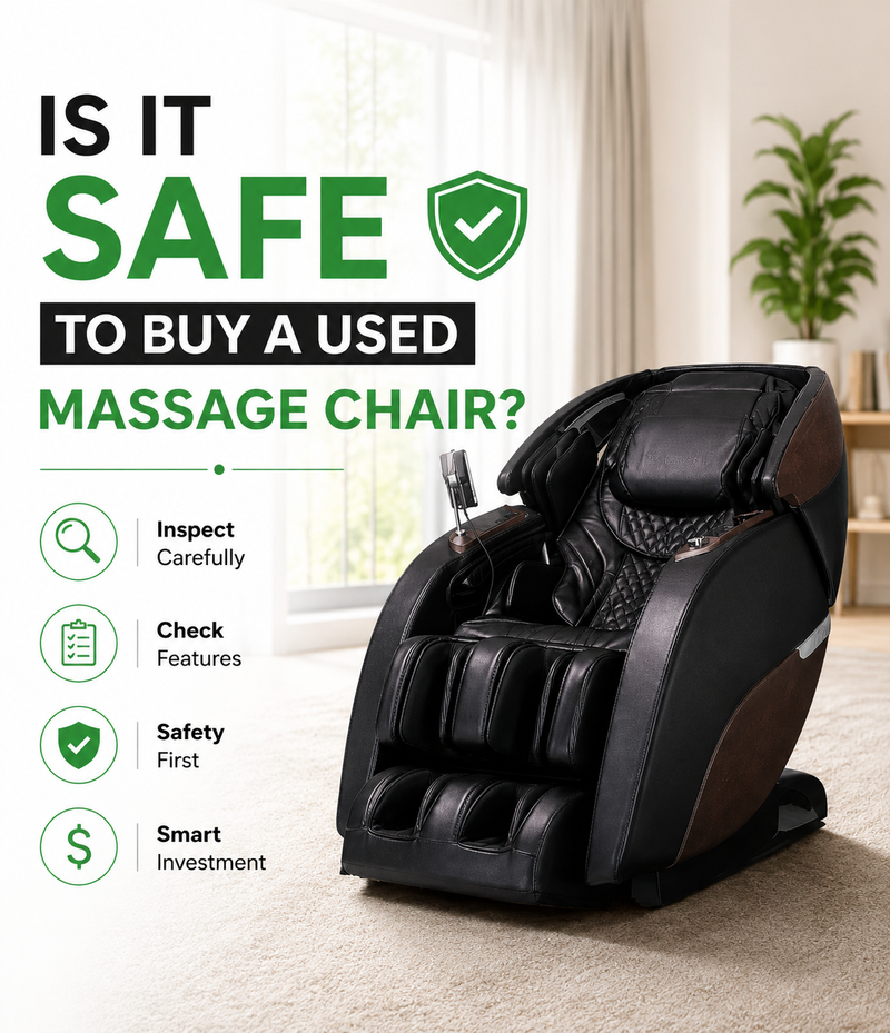 Shopper evaluating used, refurbished, and open-box massage chairs before making a purchase.