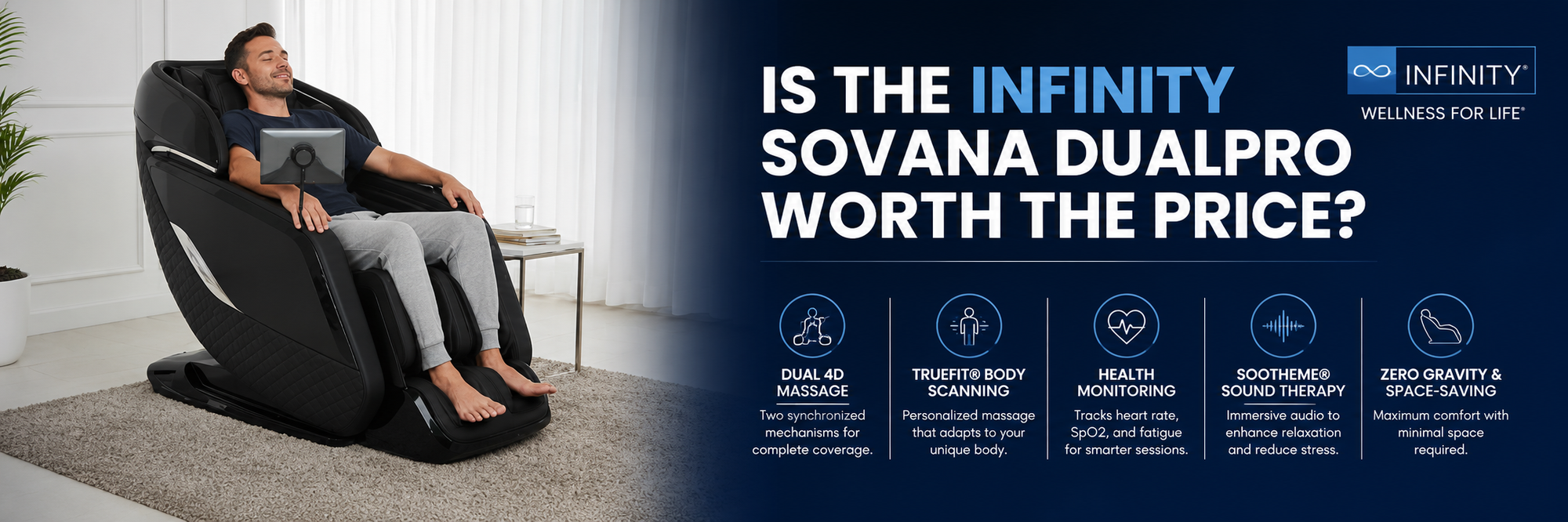 A man reclining in a black Infinity Sovana DualPro massage chair in a bright room, with a dark blue promotional banner on the right featuring white and blue text and feature icons.