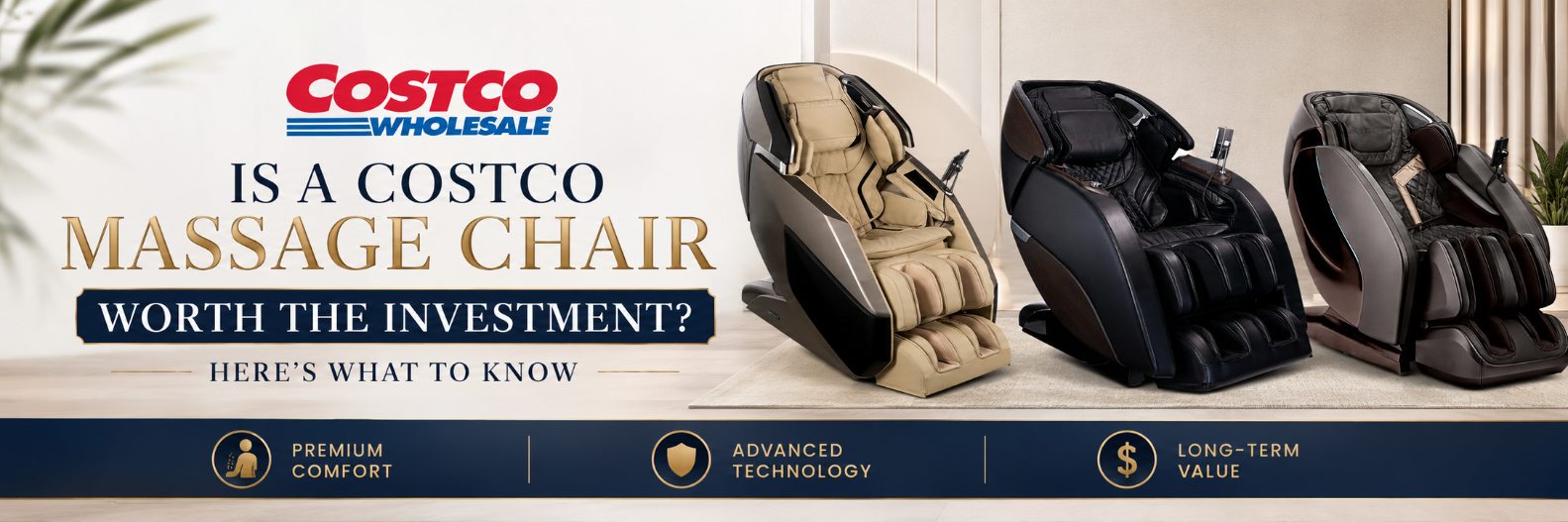 Elegant Costco massage chair comparison banner featuring three luxury massage chairs with headline “Is a Costco Massage Chair Worth the Investment? Here’s What to Know” alongside premium comfort, advanced technology, and long-term value highlights