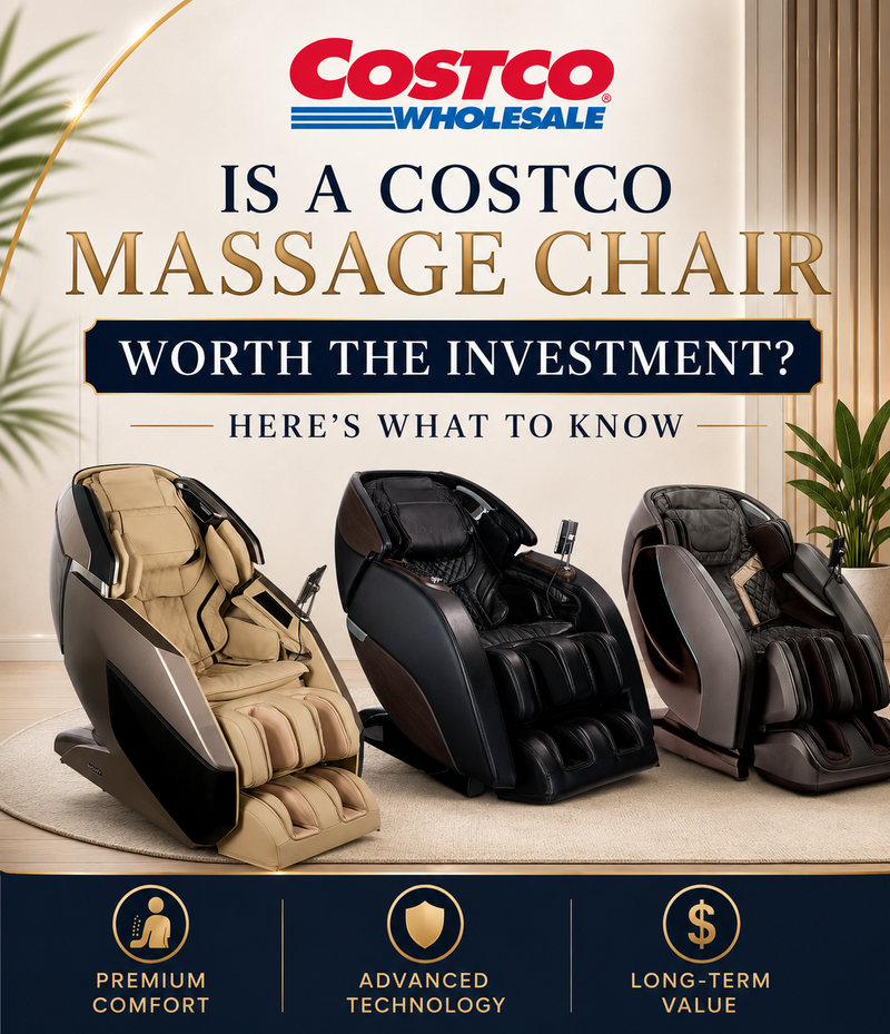 Mobile banner featuring three luxury massage chairs beneath the Costco Wholesale logo with elegant navy and gold design elements and headline discussing whether a Costco massage chair is worth the investment