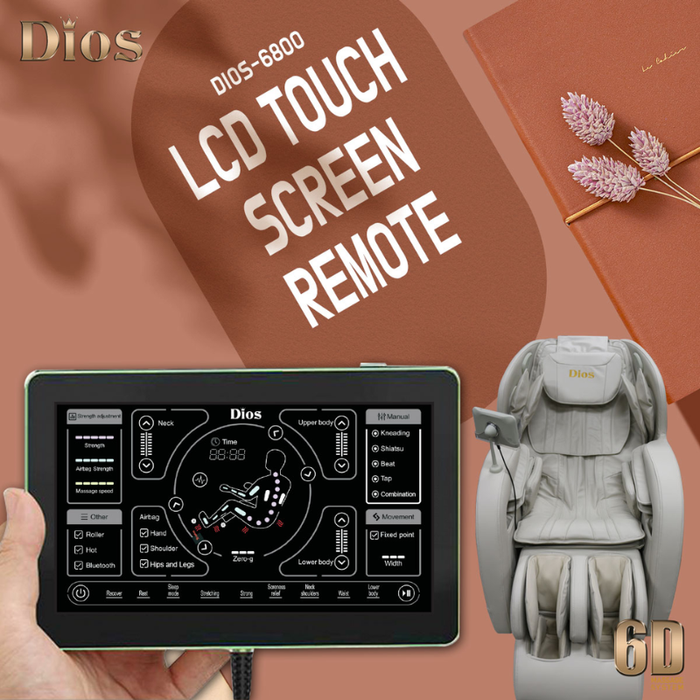 Kahuna Dios 6800 LCD touchscreen remote control for customizing massage programs, intensity, and chair settings.