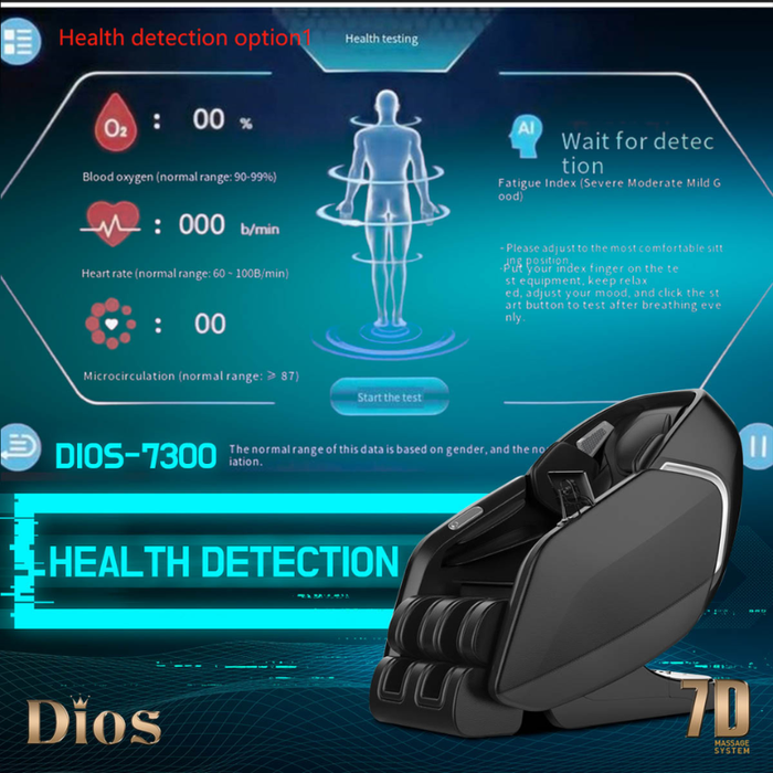 Digital interface of the Kahuna Dios-7300 AI health detection system displaying body scan data, including heart rate, blood oxygen levels, and fatigue analysis indicators.