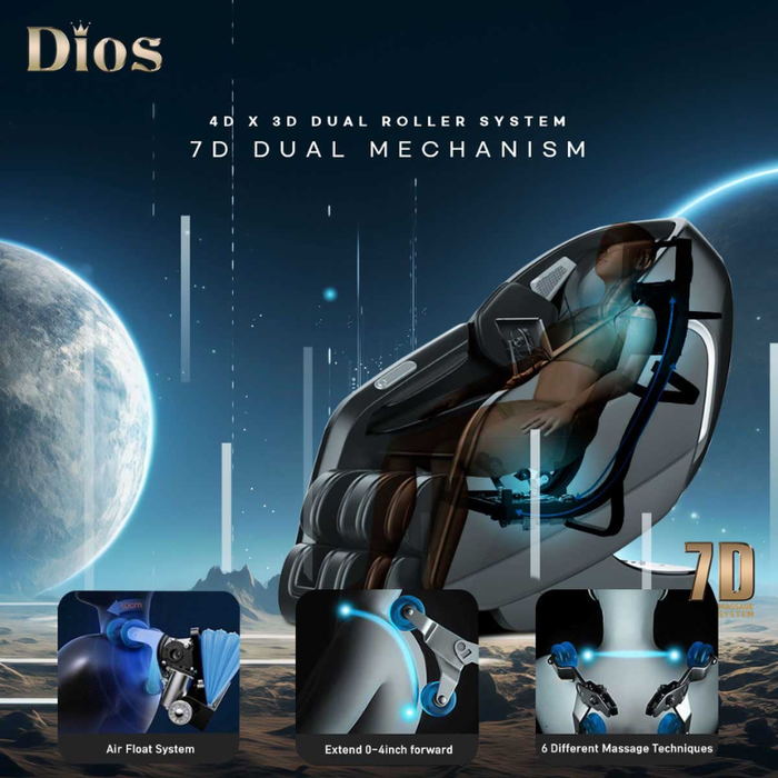 Kahuna Dios 7300 4D x 3D dual roller system with 7D massage mechanism for advanced full-body coverage.