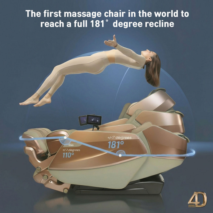 Kahuna Dios Flexa massage chair in 181-degree recline position for full-body relaxation and deep stretching.