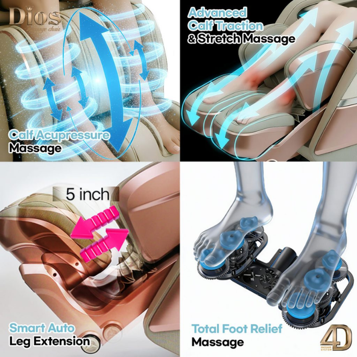 Collage of the Kahuna Dios Flexa massage chair with various calf and foot features highlighted.
