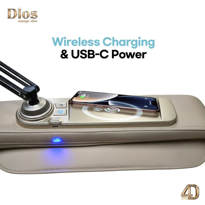 Kahuna Dios Flexa massage chair with wireless charging and USB-C power functionality on the armrest of the chair.