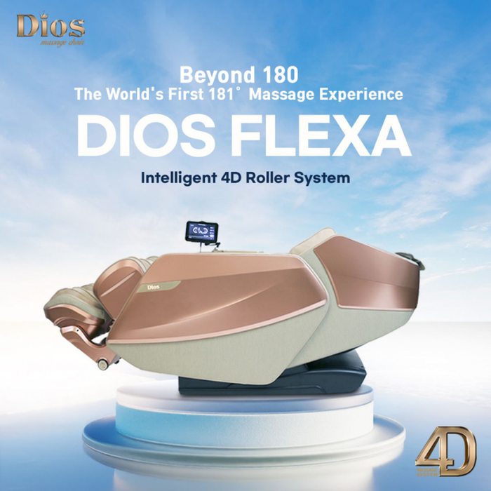Kahuna Dios Flexa massage chair in beyond 180-degree recline position for deep stretching and full-body relaxation.