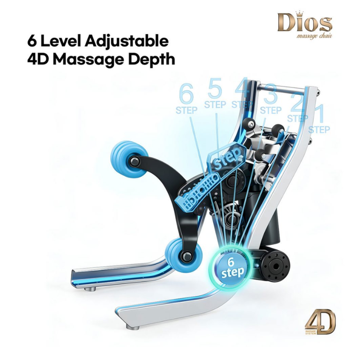 Kahuna Dios Flexa massage chair with 6-level adjustable 4D massage depth for personalized intensity and deep tissue relief.
