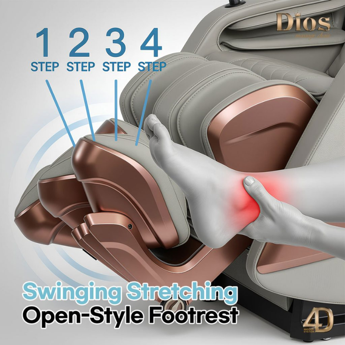 Kahuna Dios Flexa massage chair with swinging open-style footrest for adjustable leg support and stretching.