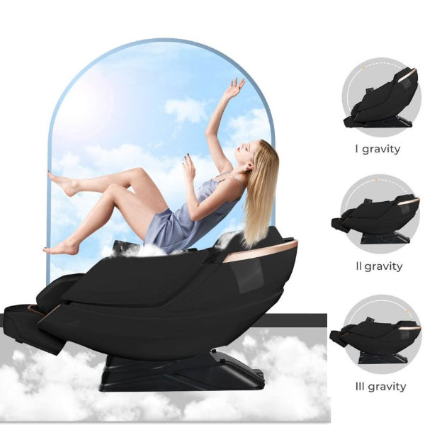 Massage chair in 3-stage zero gravity recline position with legs elevated for reduced spinal pressure and enhanced relaxation.