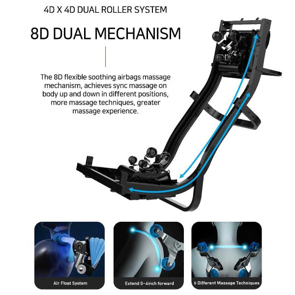 Close-up of 8D dual massage mechanism with synchronized upper and lower body rollers delivering deep, full-body therapeutic massage.