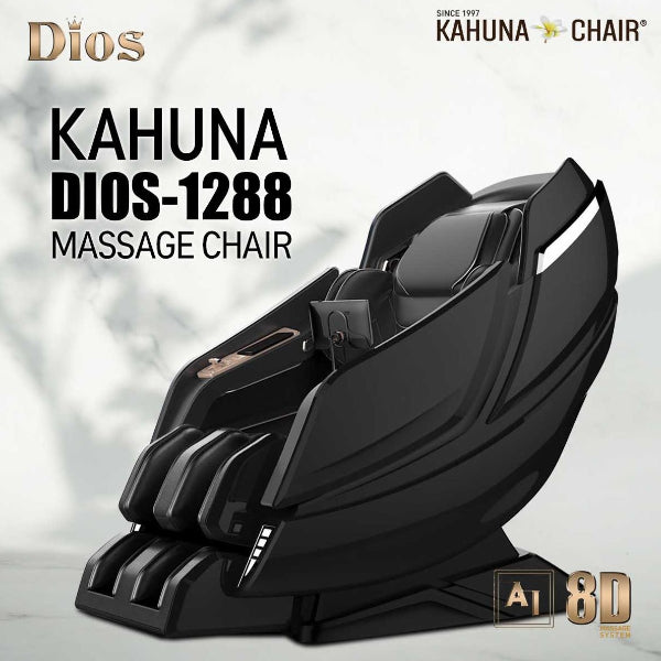 Close-up of Kahuna Dios massage chair dual 4D+4D roller system with air compression technology providing synchronized full-body massage.