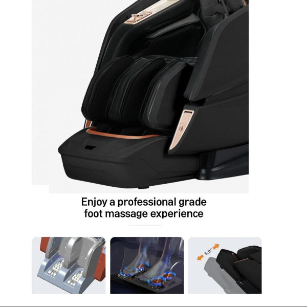 Massage chair footrest with calf and foot massage using airbags and rollers to relieve tension and improve circulation.
