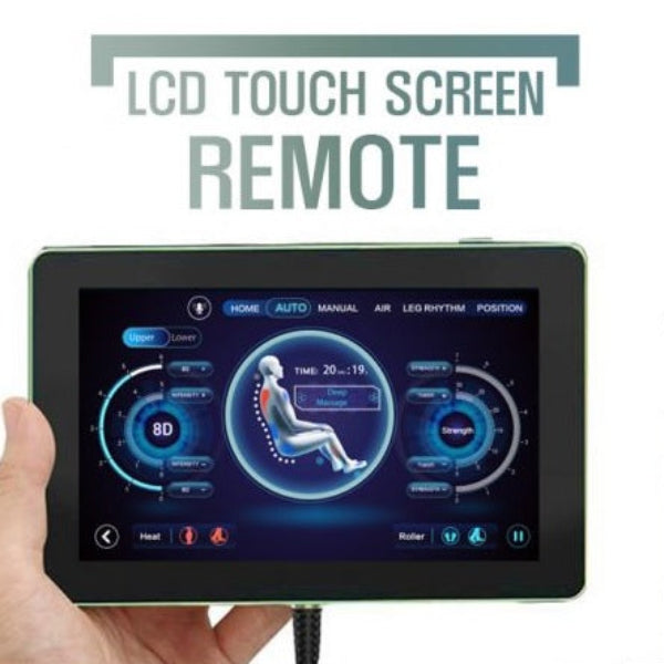 LCD touchscreen remote displaying massage settings and programs for easy control of the massage chair.