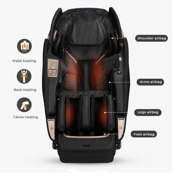 Massage chair with lumbar heat therapy highlighting warm back support for enhanced muscle relaxation.