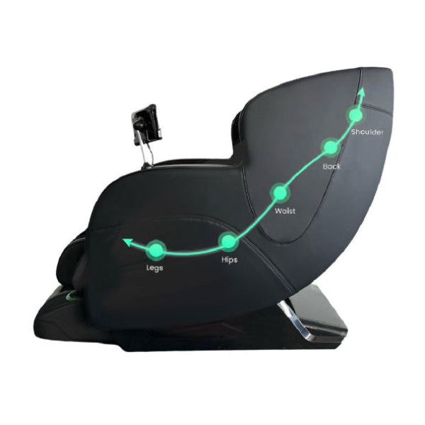 Black Kahuna Dios-6800 massage chair with labeled massage points on the 50