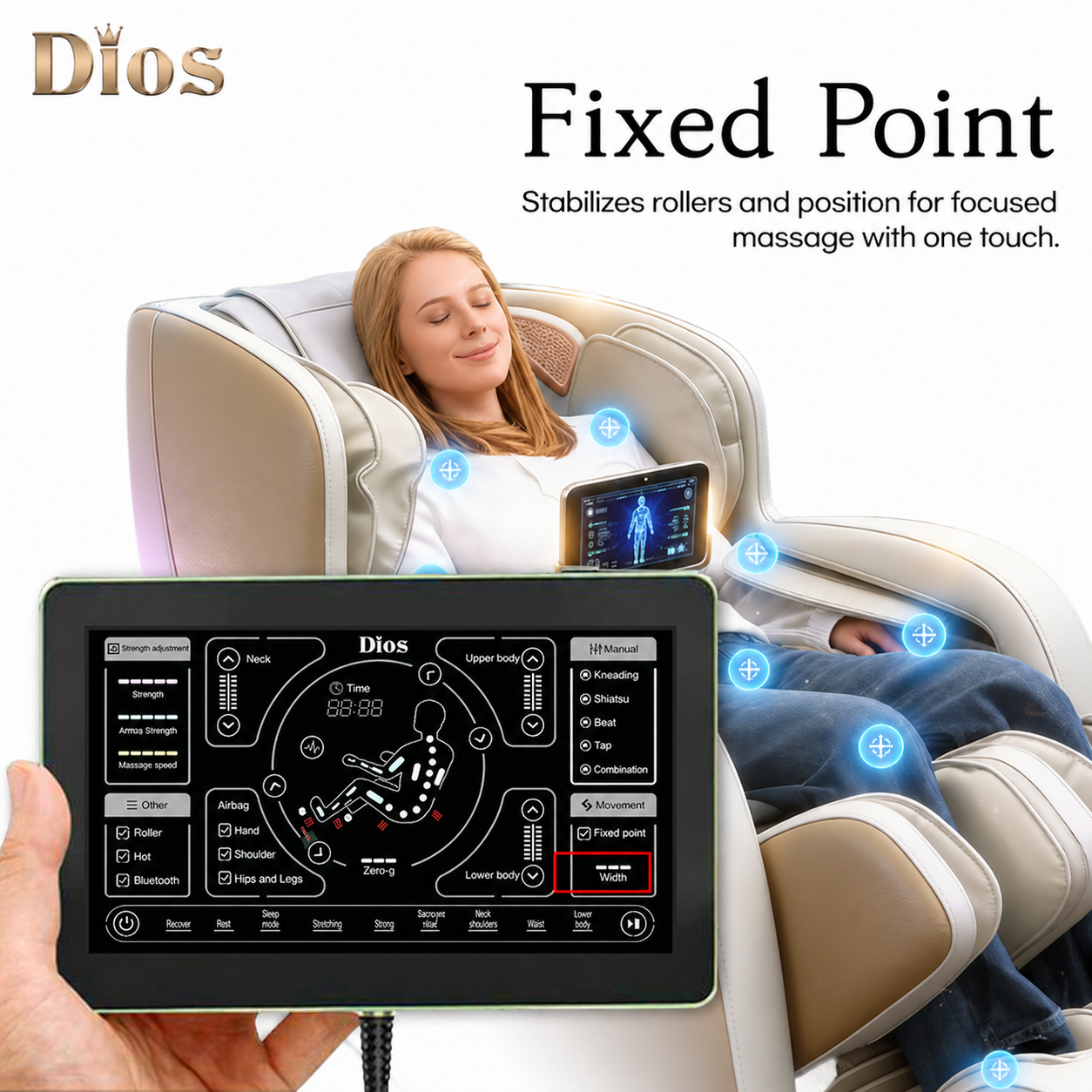 Kahuna Dios 6800 massage chair with Fixed Point feature, showing touchscreen remote and targeted full-body massage points on a white background