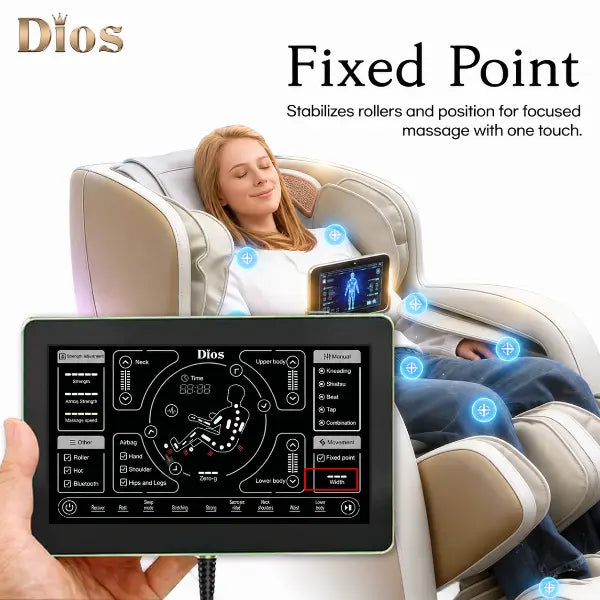 Kahuna Dios 6800 massage chair with Fixed Point feature, showing touchscreen remote and targeted full-body massage points on a white background
