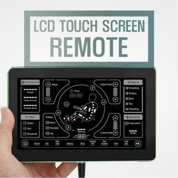 Kahuna Dios-6800 LCD touch screen remote control held by a hand with a white background.