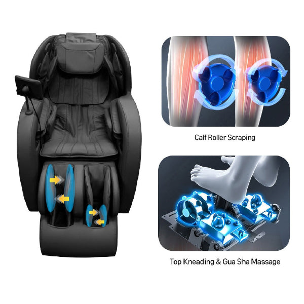 Black Kahuna Dios-6800 massage chair with blue accents highlighting the Specialized Calf and Foot Massage Techniques.