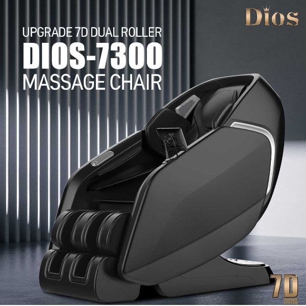 Black Kahuna Dios-7300 7D massage chair with 'Dios' branding on a gray background.