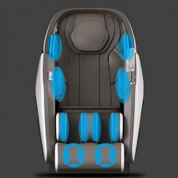 Front view of a Kahuna Dios-7300 massage chair highlighting blue airbag zones along the shoulders, arms, seat, calves, and feet, illustrating full-body air compression coverage.
