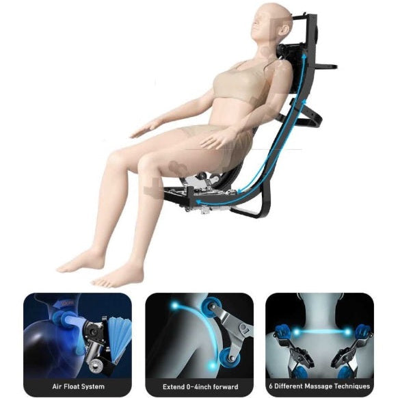 Person sitting in a the Kahuna Dios-7300 7D massage chair demonstrating how the 4D X 3D Dual Roller System works.