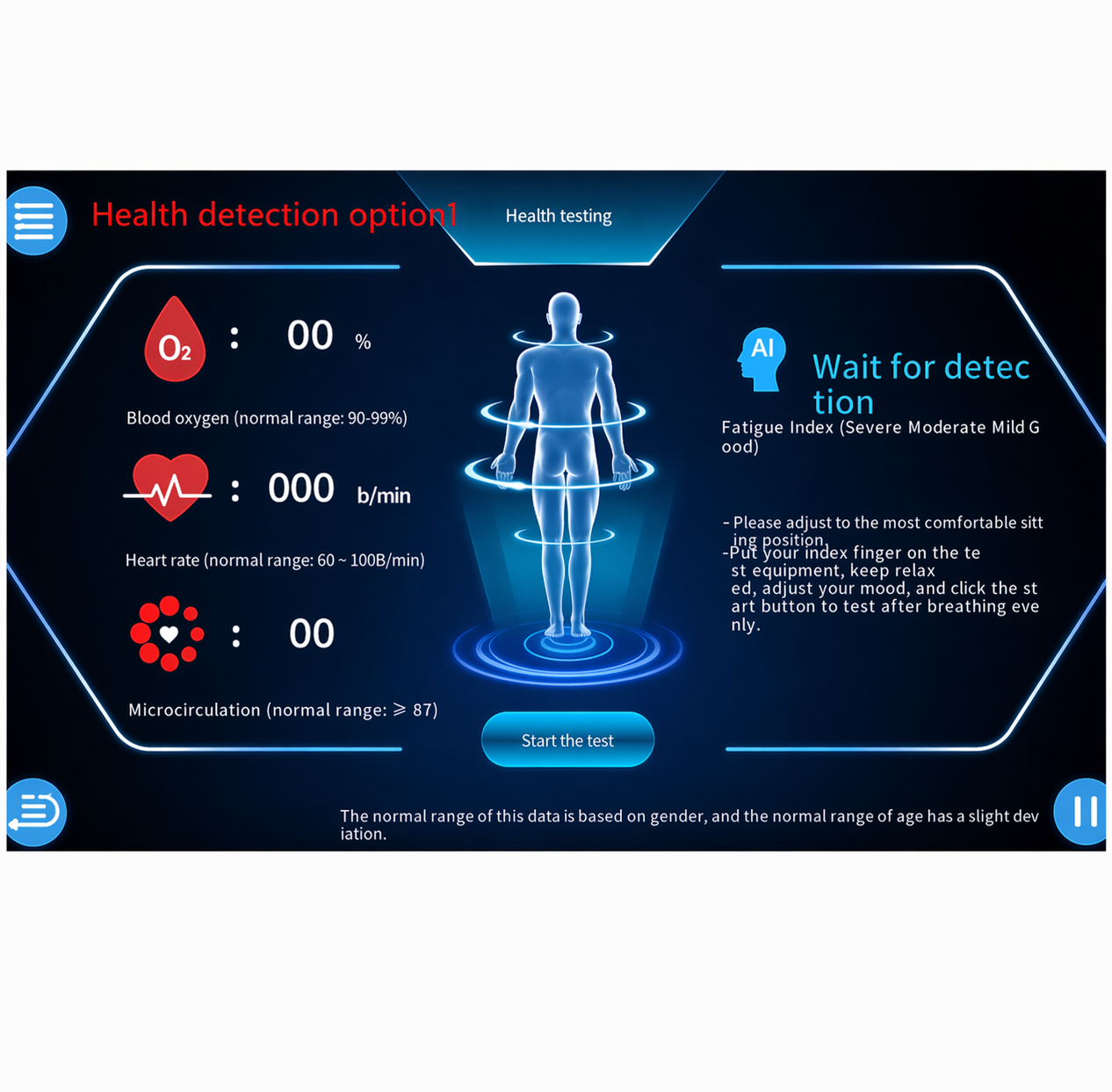 Futuristic health detection interface displaying a human body scan with metrics for blood oxygen, heart rate, and microcirculation, alongside AI-driven fatigue analysis and testing controls.