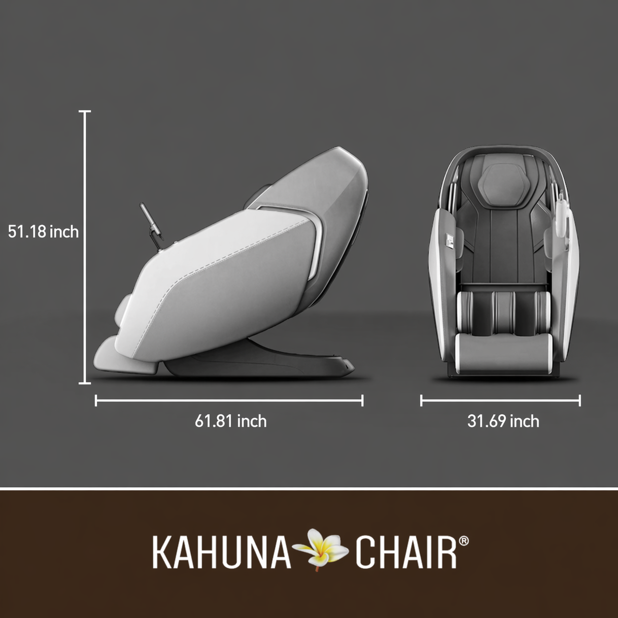 Product dimension graphic showing side and front views of the Kahuna Dios-7300 massage chair with measurements for height, length, and width.