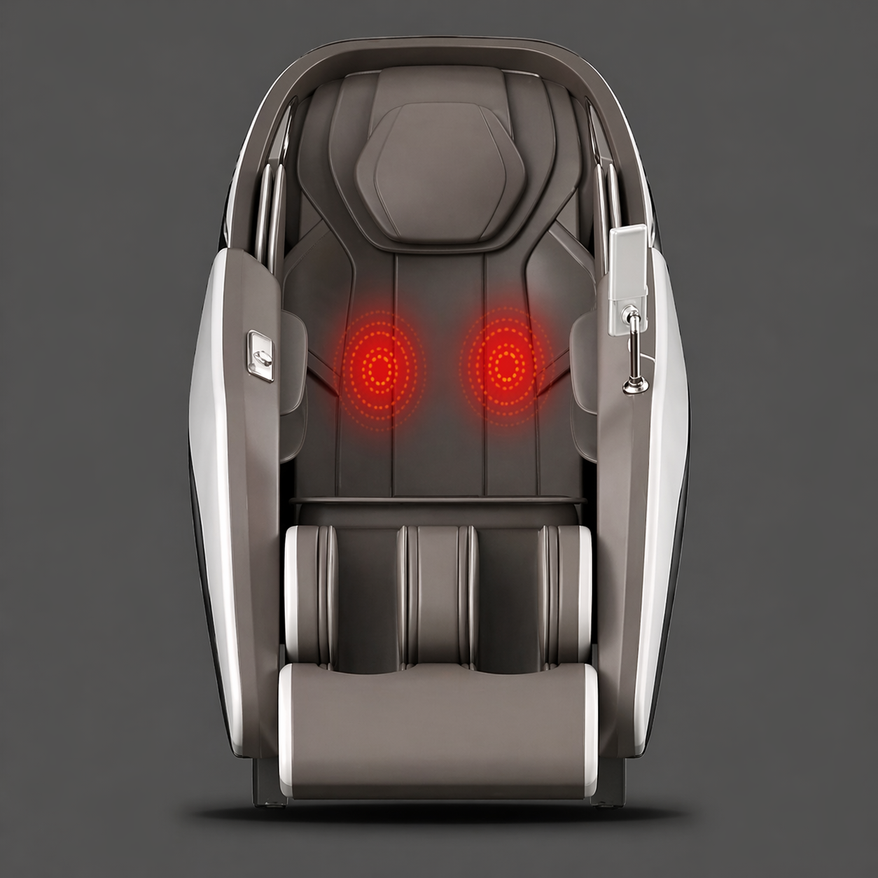 Front view of a Kahuna Dios-7300 massage chair highlighting red glowing heat zones in the lumbar area, indicating targeted lower back heat therapy.