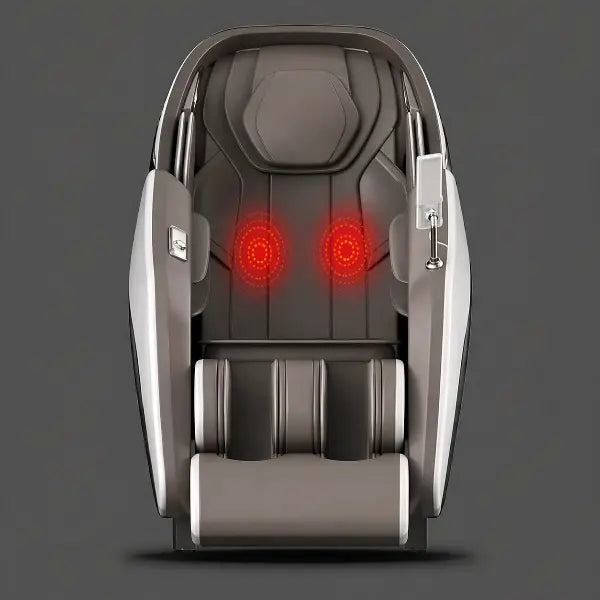 Front view of a Kahuna Dios-7300 massage chair highlighting red glowing heat zones in the lumbar area, indicating targeted lower back heat therapy.