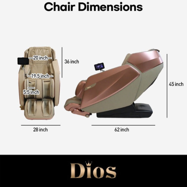 Kahuna Dios Flexa massage chair dimensions and fit guide showing size, user height range, and ergonomic design.