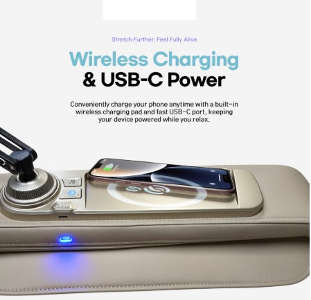 Kahuna Dios Flexa massage chair with wireless charging pad and USB-C port for convenient device charging.