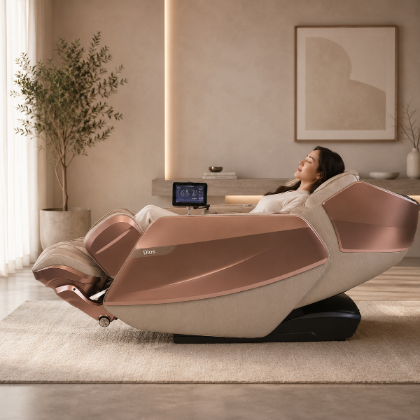 Woman relaxing in the Kahuna Dios Flexa zero gravity massage chair featuring advanced stretching technology in a minimalist room.