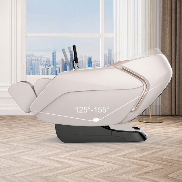 Side view of a white Kahuna Dios-7300 massage chair in a reclined zero gravity position, showing the angle range of 125° to 155° in a modern living room setting.