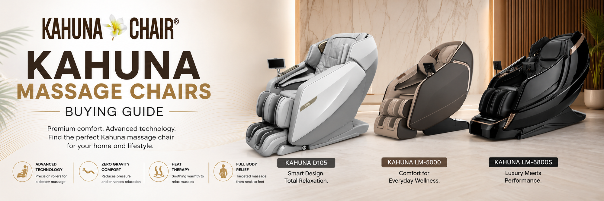 A promotional buying guide banner for Kahuna Chair massage chairs, showing three chair models in white, brown, and black on a warm beige interior background with large text reading 'KAHUNA CHAIR KAHUNA MASSAGE CHAIRS BUYING GUIDE'.