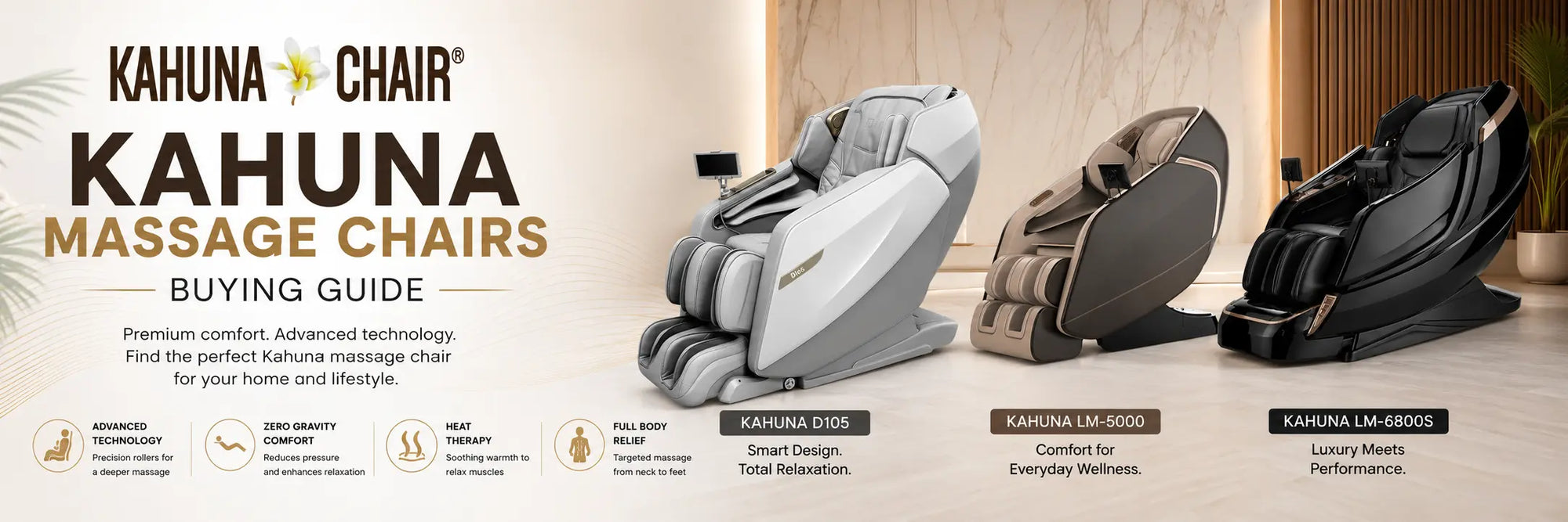 A promotional buying guide banner for Kahuna Chair massage chairs, showing three chair models in white, brown, and black on a warm beige interior background with large text reading 'KAHUNA CHAIR KAHUNA MASSAGE CHAIRS BUYING GUIDE'.