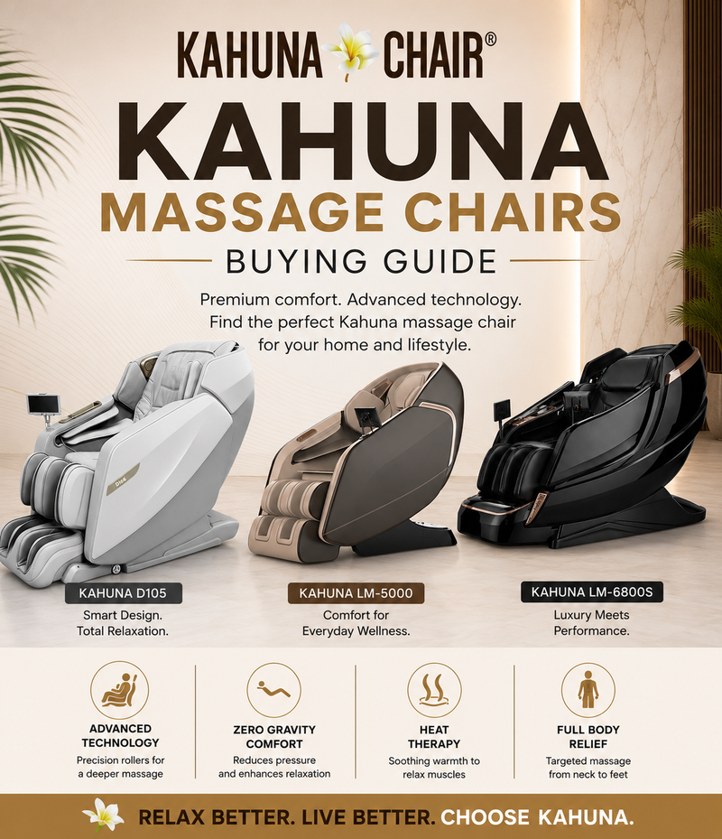 Promotional buying guide graphic for Kahuna massage chairs, showing three models side by side: Kahuna D105 in light gray, Kahuna LM-5000 in taupe, and Kahuna LM-6800S in black. The graphic includes product names, feature icons, and the Kahuna brand logo at the top.