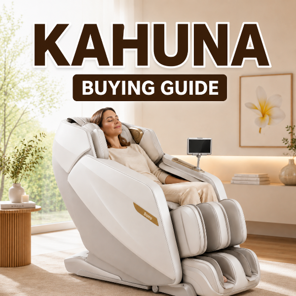 Woman relaxing in a Kahuna massage chair with 'Kahuna' branding in a home setting.