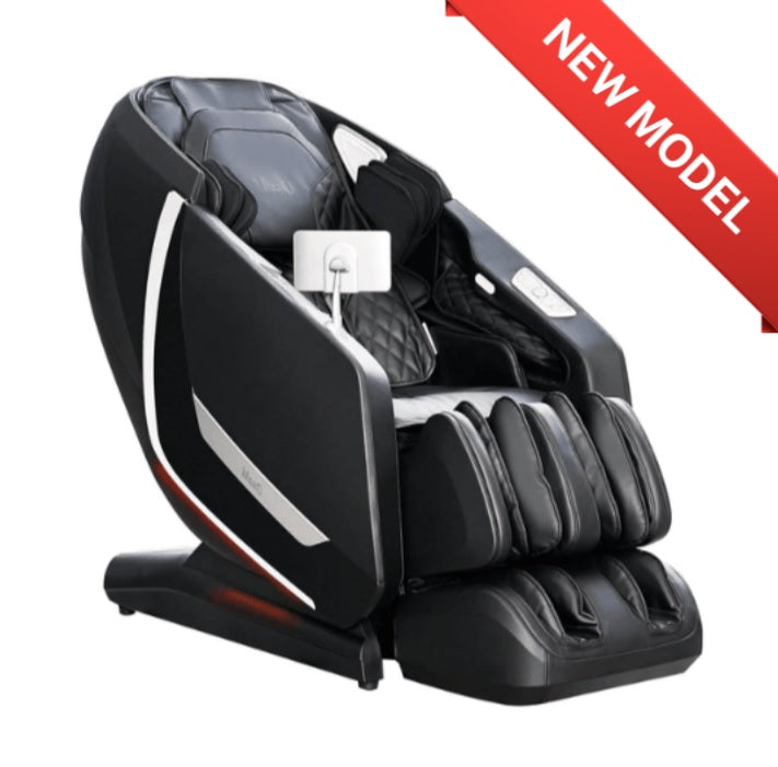 Three-quarter side view of the black Osaki Kairos Duo 5D+4D massage chair, highlighting the contoured lumbar support, extended footrest, and sleek synthetic leather upholstery.