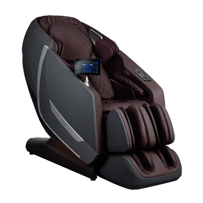Front view of the Osaki Kairos Duo massage chair in rich brown leather-look finish, highlighting the seat, armrests, and cushion texture.