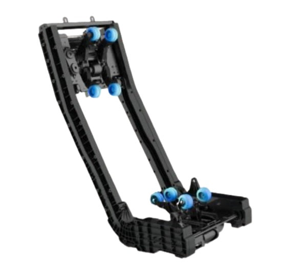 Osaki Kairos Duo dual massage mechanism with two sets of rollers on an L-track frame, designed for synchronized 5D and 4D massage coverage.