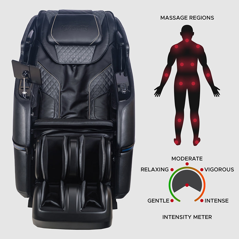 Kyota Kizuna M688 massage regions diagram highlighting targeted full-body coverage zones.