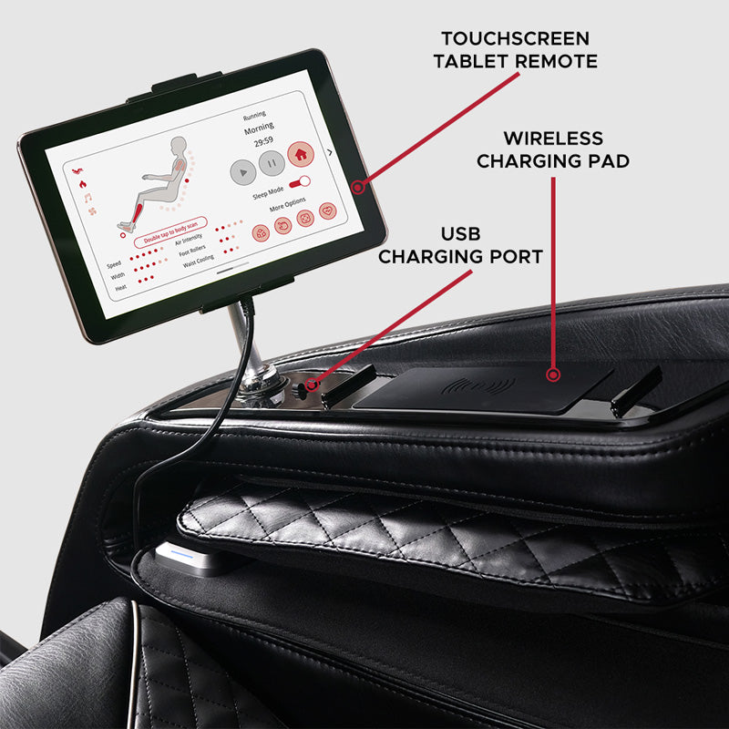 Kyota Kizuna M688 massage chair touchscreen tablet with wireless charging pad and USB port for device charging and control.
