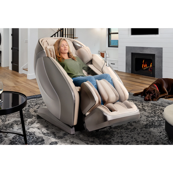 Kyota Hatsumei M900 AI 4D Massage Chair in Gray and Tan placed in a modern living room setting, showcasing elegant design and premium home wellness appeal.